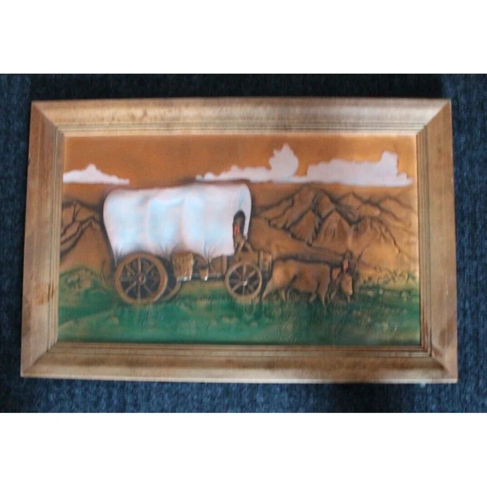 Vintage Covered Wagon Wall Art Copper Relief Ox Mountains Western